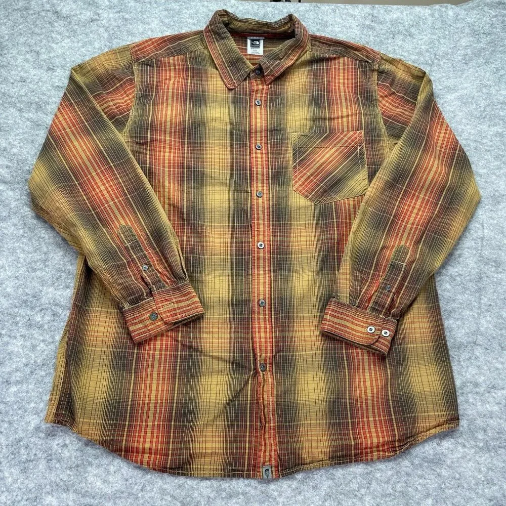 North Face Button Up Shirt Men Extra Large Brown Red Yellow Plaid Long Sleeve